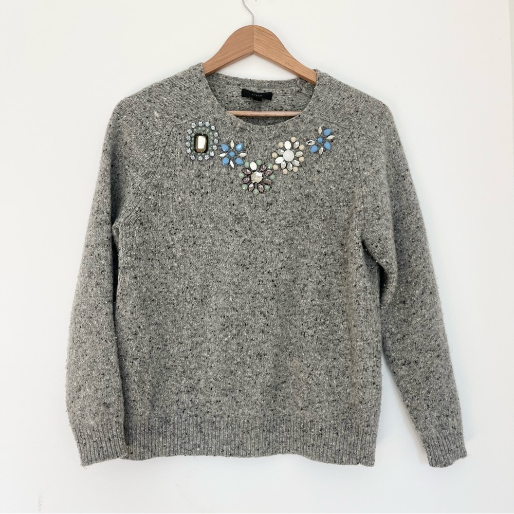 J. Crew Lambswool Blend Sweater with Floral Gems Crewneck Gray READ Medium